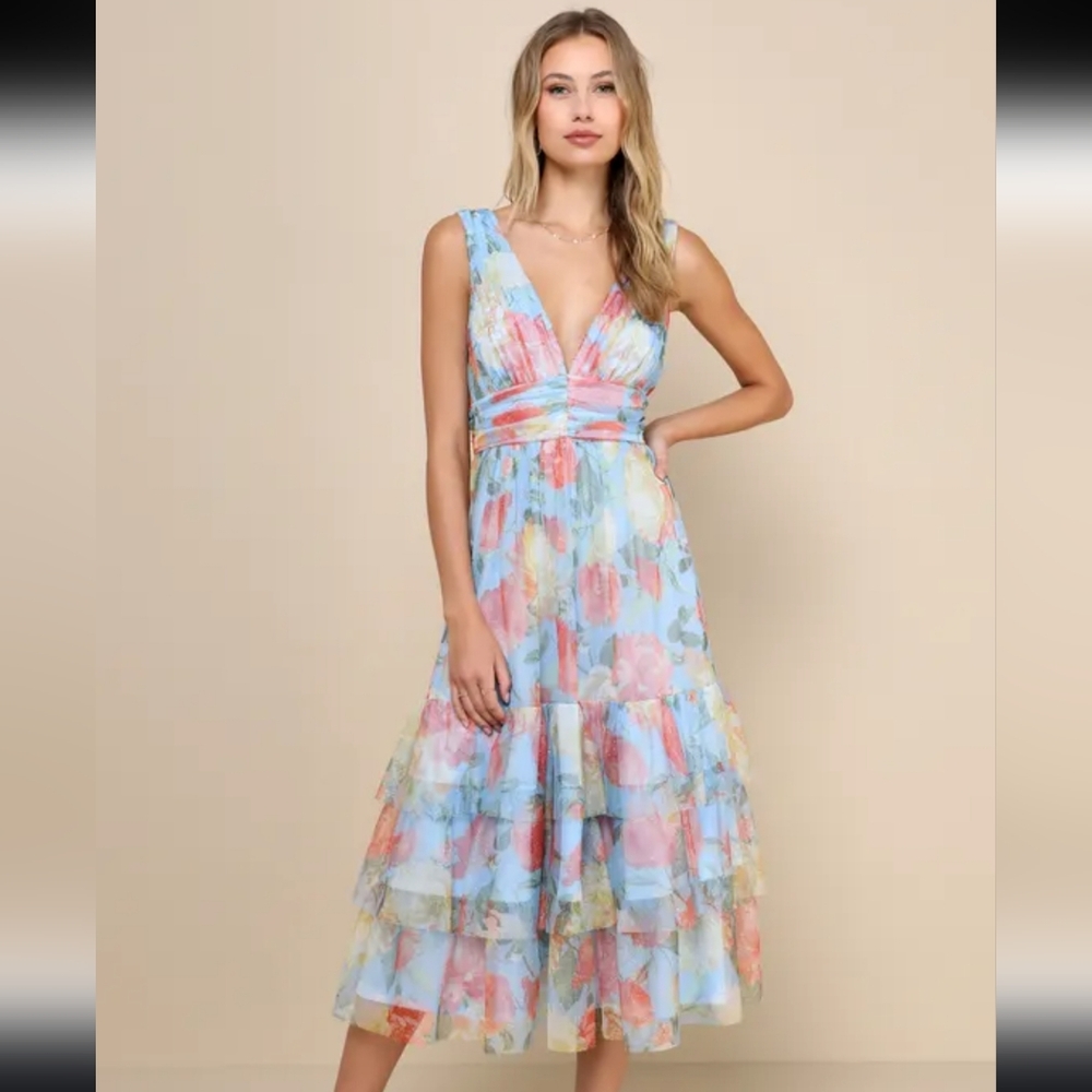 Lulus Perfectly Divine Blue Floral Tulle Tiered Ruffled Midi Dress
